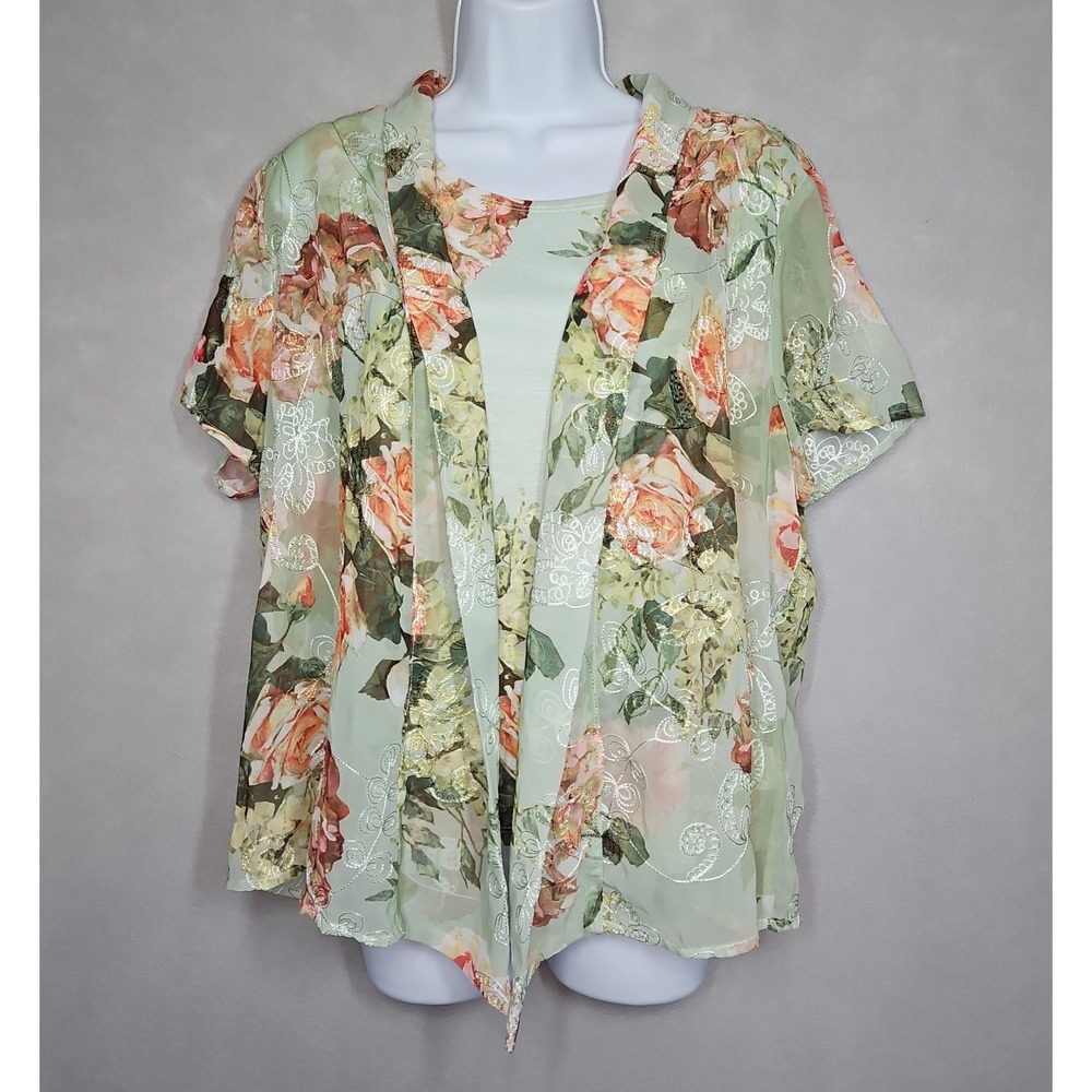 Alfred Dunner Womens Green Floral 2 Piece Layered Blouse Size 16 Petite